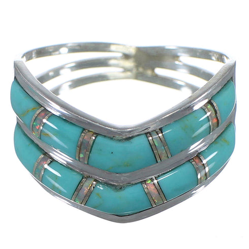Opal And Turquoise Inlay Jewelry Silver Ring Size 7-3/4 AX53972